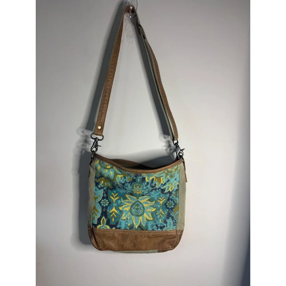 Myra Bag‎ Teal Yellow Tapestry Cotton Canvas Leather Crossbody Bag S-1536